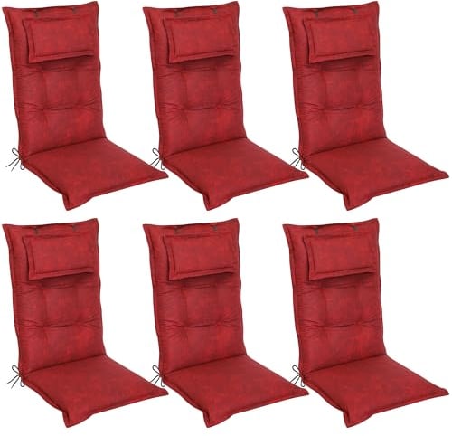 DILUMA Hochlehner Auflage Luxor 120x50 cm mit Kopfpolster Rot 6er Set - Luxus Stuhlauflage mit 8 cm Polsterung