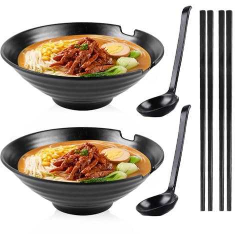 BYZESTY Bol Ramen, 2 Pièces Bol à Ramen avec Cuillère et Baguettes, 1000 Ml Bols à Ramen Japonaise, Antidérapants Grand Bol Soupe, Vintage Bols à Soupe, Bols Ramen pour Pho Udon Nouilles