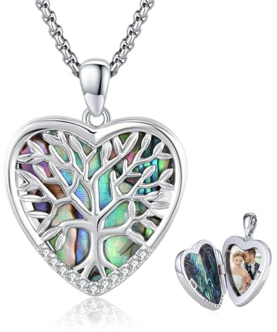 MEDWISE Tree of Life Locket Necklace 925 Sterling Silver That Holds Pictures Heart Abalone Shell Locket Pendant Gift for Mother Mom Mama Women Girl Always in My Heart Photo Lockets Keepsake Gift