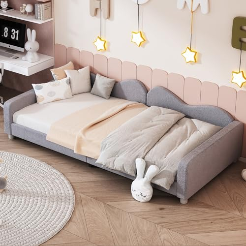 Ctastay Schlafsofa Polsterbett 90x200 cm, Bett Sofabett Tagesbett mit Rausfallschutz, Einzelbett Gästebett Jugendbett mit Lattenrost, Grau (Ohne Matratze)