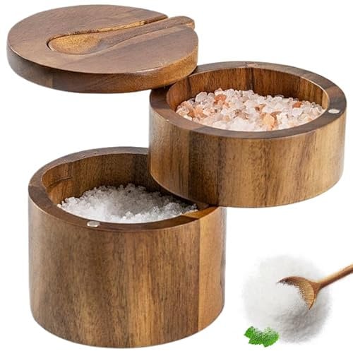 Salt Box with Swivel Lid & Spoon Double-Layer Wooden Salt Box with Lid Compact Stylish Salt Cella with Magnetic Rotating Lid for Spices & Seasonings