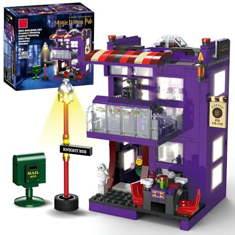 SymGrpu Magischer Ritter Buskneipe Bausteine Bausatz, Straßenansicht Architektur-Bauspielzeug für Kinder und Erwachsene, 487 Stück Modell Klemmbausteine zum Bauen und Ausstellen