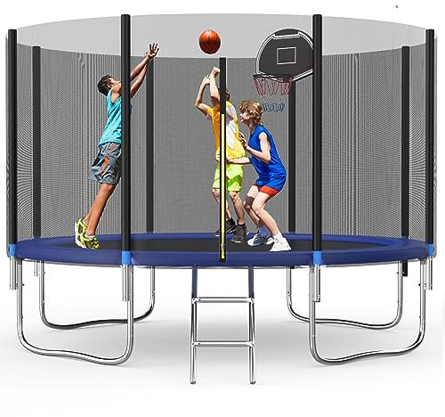 Redkid, Trampoline d'extérieur Ø 305/366 cm, trampoline de jardin pour enfant avec filet de sécurité, échelle, planche de panier de basket, charge maximale : 440 livres, bleu 10FT-1 (305 cm)