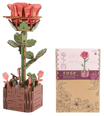 Delsen Fleurs Puzzle 3D Bois,Modélisation de Fleurs Einfach zu Erlernen und zu Bedienen,3D Puzzle en Bois für den Schreibtisch, das Wohnzimmer und Die Raumdekoration Verwendet Werden(Rose)