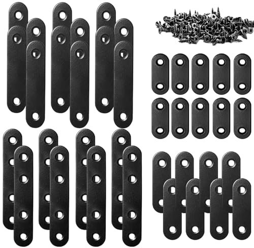KASURE 38 Stück Flachverbinder Edelstahl, Verbindungsplatten Schwarz, 4 Größen Holzverbinder Lochplatte Metall, mit 92 Schrauben, Lochblech Flachverbinder für Reparatur Befestigung Holz, Möbel