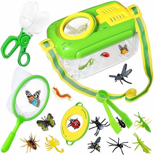 Kulveanju Entdecker Set für Kinder ab 4, 17 Stück Forscherset für Kinder, Insektenbox mit Lupe, Kinderlupe, Insektenfänger, 12 Gefälschte Insekten, Geschenk Spielzeug Draußen ab 3 4 5 6 Jahre