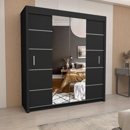 IE INTERIOR EMPORIUM Oslo Mirror Sliding Door Wardrobe – 150cm, 180cm, 203cm, 250cm – Includes 1 LED (Black, 203cm)