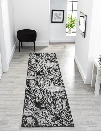 Obsidian Abstract Traditional Low Pile Modern Runner Rug, Grey, 60x220cm