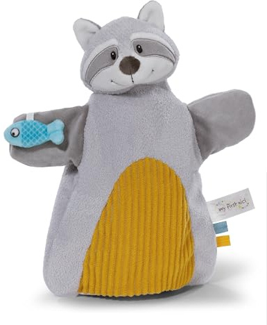 NICI Schmusetuch Handpuppe Waschbär 2in1 26x25cm - grau - Kuscheltuch für Babys & Kleinkinder – Baby Schnuffeltuch zum Spielen, Greifen, Knuddeln und Entdecken - 61858