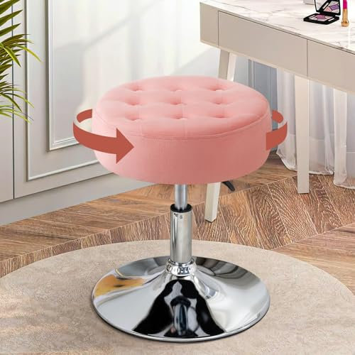 Ckaff Tabouret de Coiffeuse, Tabouret de Maquillage, Tabouret Pivotant Réglable en Hauteur, Tabouret de Bar Rond Rembourré en Velours pour Chambre à Coucher Salon Salle à Manger, Rose
