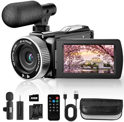 Rumyums Videocamera 4K Ultra HD, registratore digitale da 48 MP, con microfono lavalier wireless, per vlogging, YouTube, viaggi, zoom digitale 18X con telecomando, scheda da 32 GB