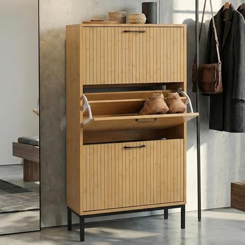 Mendler Schuhkipper HWC-P48, MDF Melamin 125x60x25cm - Bambus-Optik | Schuhregal, Schuhschrank, 3 Kippfächer, Ablage