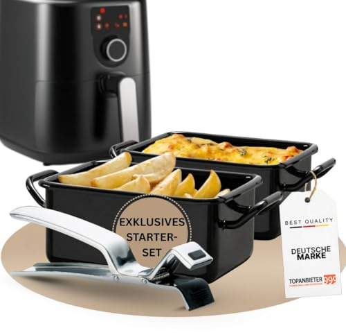 3-teiliges Airfryer Starter Set - 2 Stück Emaille Back- & Servierform für Heißluftfritteuse, Backofen, Induktion & Grill, frei von Silikon - 1 Stück hitzebeständige Edelstahl-Ofenzange