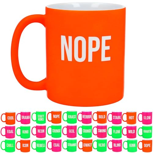 Neon Statement Mug 350ml - Laser Engraved Coffee Mug - Pink, Green or Orange - One Word Design - Dishwasher Safe - Trend Gift (NOPE - Orange)