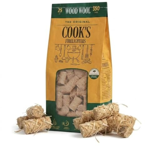 1 Pack 25pcs Cook's Wood Wool Firelighters, 350g - Natural Long Burning Fire Starters, Small Compact Pack for BBQ, Stoves and Campfire (1 Pack, 25pcs)