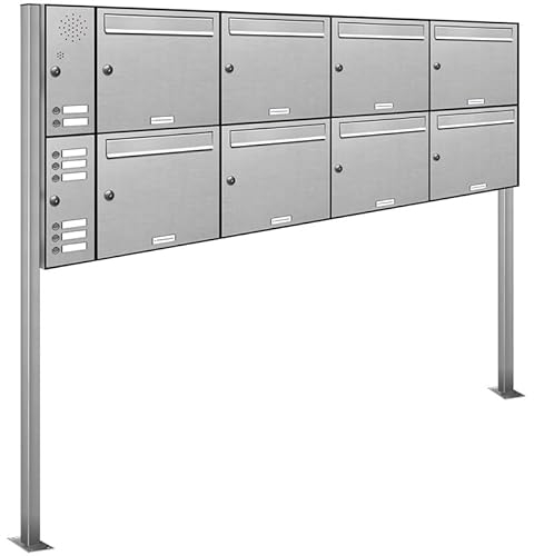 AL Briefkastensysteme 8er Edelstahl Standbriefkasten mit Klingel rostfrei als 8 Fach Briefkastenanlage in Postkasten Briefkasten Design modern