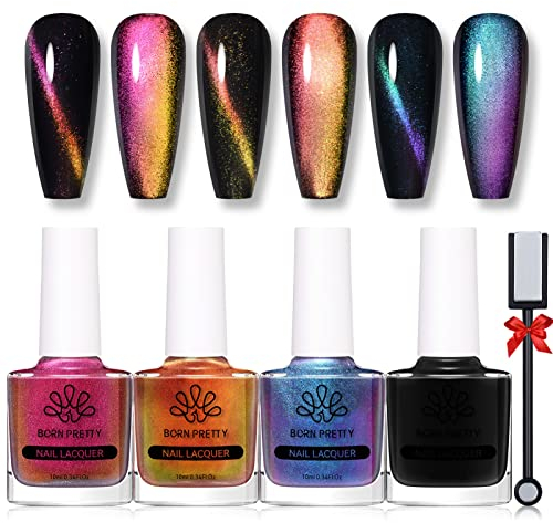 BORN PRETTY 6ML Magnet Nagellack Set mit Magnet, 3D Nagellack ohne UV Katzenauge Magnet haben Chamäleon Bewirken 3 Farben Set Magnetic Nagellack Schwarzer Basis Nagellack mit Magnetsticks