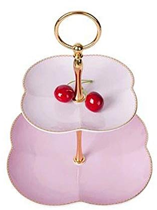 YBK Tech Plateau de service à 2 étages en porcelaine anglaise pour gâteaux, desserts, gâteaux, plats, aliments – Motif trèfle (rose)