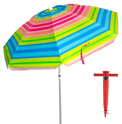 Sombrilla Playa Grande 200 cm | Protección Solar UV50+ | Antiviento con Ventana Superior | Tubo de Aluminio Reclinable | 8 Varillas de Fibra Vidrio | Ligera y Resistente | Incluye Bolsa de Transporte