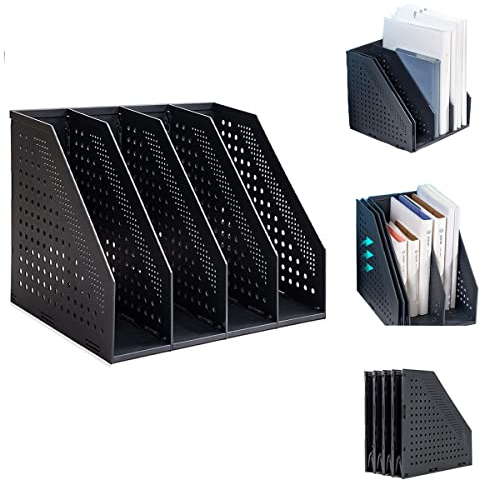 Marte Vanci 4 Compartment Collapsible Magazine Holder Desktop File Binder Organiser Lever Arch File Holder Paper Book Document Divider Adjustable for Desk Bookshelf Cabinet Racks(Black)