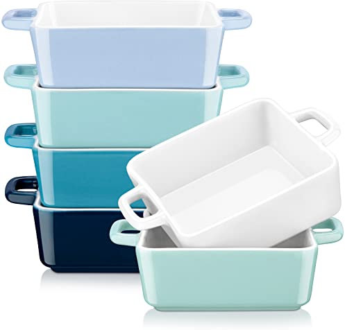 LOVECASA Gratinform aus Porzellan, 220 ml, quadratisch, 6 Stück, für Tapas/Lasagne/Backformen mit Doppelgriff, bunt (13,5 x 10 x 3,8 cm)