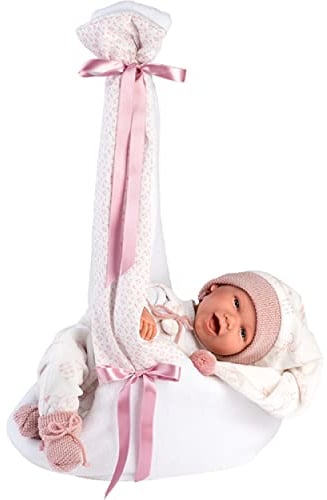 Llorens 1074006 Babypuppe mit blauen Augen und weichem Körper, Puppe inkl. rosa Outfit mit Zipfelmütze, Schnuller, Schnullerkette und kuscheliger Hängewiege, 42cm