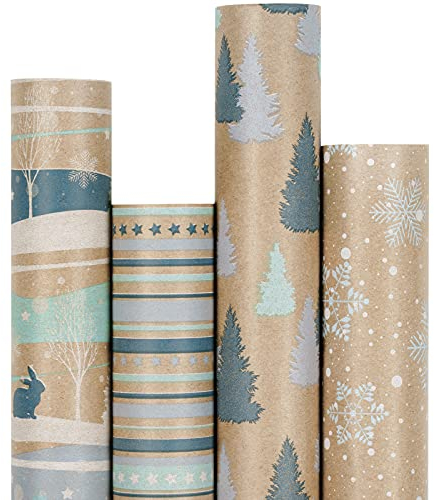 RUSPEPA Weihnachtspapier, Kraftpapier - Rudolf, Streifen Und Schneeflocken Blaues Design - 4 Rollen - 76 cm X 305 cm Pro Rolle