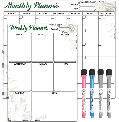 Sliandtelly Monthly and Weekly Planner Whiteboard for Wall, 2 Pcs Self-adhesive Dry Erase Wall Calendar Stick to Fridge Cupboard with 4 Magnet Pens for Home Kitchen Shopping List Family Organizer