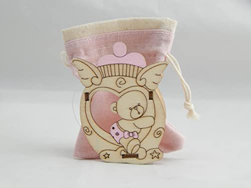 Digiglio Bomboniere Gastgeschenk für Geburt, Taufe, Set, 12 Stück, Schachteln für Konfekt, Babyflasche, Holz, Rosa mit Beutel