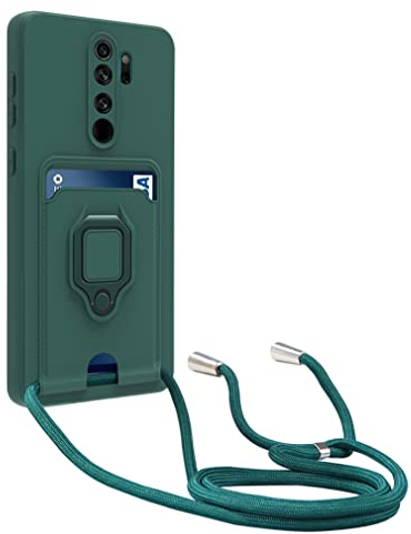 yanasuo Kameraschutz Silikon Handykette Hülle kompatibel mit Xiaomi Redmi Note 8 Pro, Metall Ring Halter Handy Cover,Verstellbarer Halskette Handyhülle-Dunkel Grün