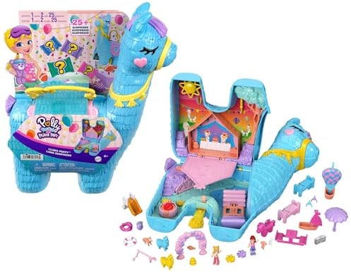 Polly Pocket Schatulle, Lama im Pyjama Party Thema, mit 25 Zubehörteilen wie 2 Puppen und 2 Lamas, interaktive Elemente für intensives Spielen, Spielzeug ab 4 Jahre, HHX74