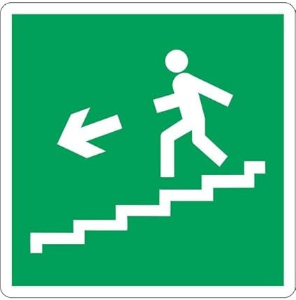 NEW CARTELLO SEGNALETICO - simbolo 'discesa scala di emergenza' a sinistra - Adesivo Extra Resistente, Pannello in Forex, Pannello In Alluminio (ADESIVO 20X31 cm)