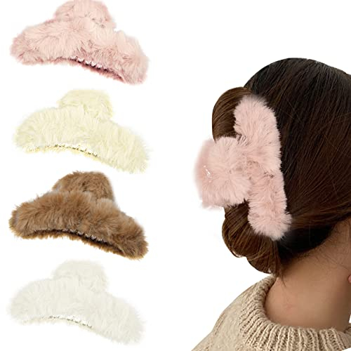 4 flauschige, rutschfeste Fell-Krallenklammern für dickes Haar - Haar-Accessoires für Frauen und Mädchen