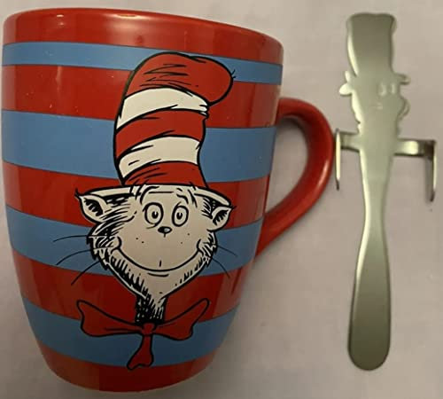 Disney Universal Dr Seuss Cat in The Hat Stripe Mug and Spoon Stirrer