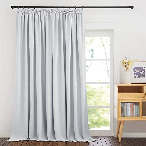 PONY DANCE Wohnzimmer Gardine mit Kräuselband Weiß 1 Stück Thermo Gardinen Hitzeschutz für Große Fenster Verdunklungsvorhänge für Schienen Vorhang Blackout, Grau-weiß, H 245 x B 300 cm
