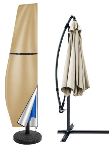 Teynewer Parasol Cover Waterproof, Cantilever Parasol Protective Covers with Telescopic Pole and Zipper Fit for 2 to 4 m Large Umbrella Patio Parasol Weatherproof UV-Anti Windproof, Khaki
