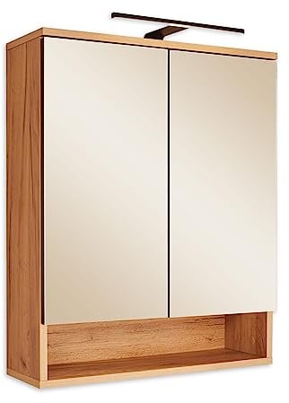 RIOM Spiegelschrank Bad mit LED-Beleuchtung in Artisan Eiche Optik - Badezimmerspiegel Schrank mit viel Stauraum - 60 x 75 x 22 cm (B/H/T)