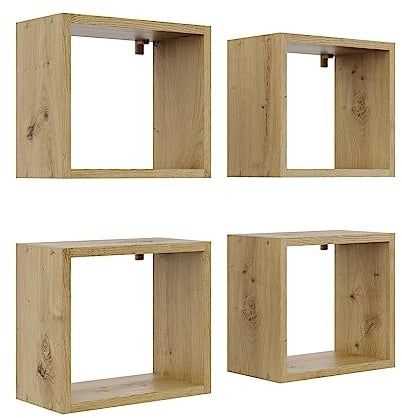 KUBUTKU Wandregal 4er Set 30x33x18 Quadratisch Hängeregal Mordern Design Wandboard für Wohnzimmer Schlafzimmer Büro und Küche (Eiche Artisan)