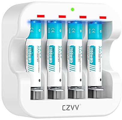 czvv Pile Ricaricabili AAA Litio1,5V - Caricatore 4 Slot Intelligente LED con 4 Pezzi Batterie Lithium Alta Capacità 1100mWh - Caricabatterie Ricarica Rapida 2H, 1300 Cicli, Durata Ultra Lunga 10 Anni