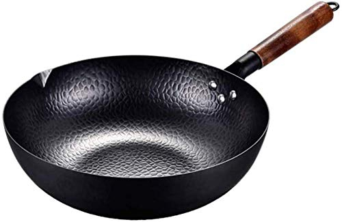 Sartén hecha a mano, Wok antiadherente de hierro sin recubrimiento, sartén redonda de 32 cm, olla espesante con mango resistente al calor, cocina de inducción, cocina de gas, sarté