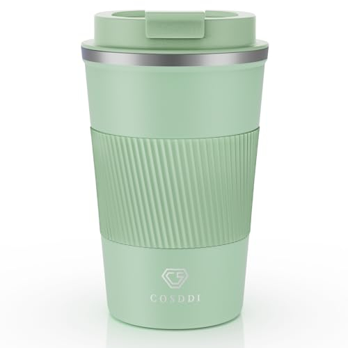 CS COSDDI Travel Mugs, Insulated Coffee Cup with Leakproof Lid - Reusable Coffee Cups Travel - Car Coffee Cup - Stainless Steel Coffee Mug for Hot and Cold Water and Tea, 380 ml