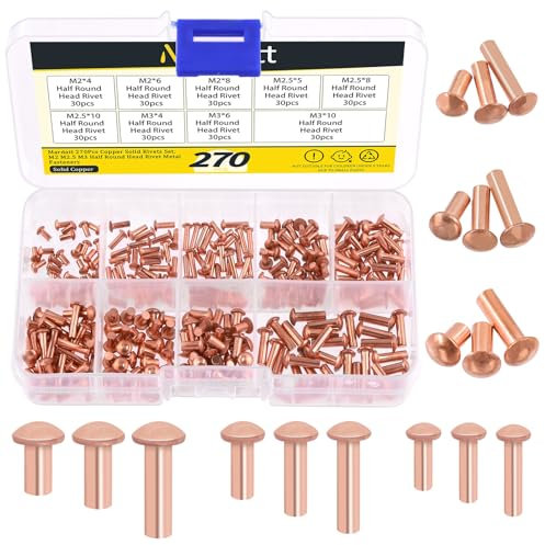 Mardatt Lot de 270 rivets solides en cuivre à tête ronde, M2 M2.5 M3 Fixations de rivet en cuivre massif, rivets à tête ronde pour applications électriques, fournitures de travail en cuir