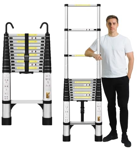 EvaStar 12.5FT Telescoping Ladder, Aluminum Lightweight Extension Ladder w/Hooks & Stabilizers, 330lbs Capacity Collapsible Ladders, Extension Telescopic Ladder for Home, Outdoor, RV- Silver