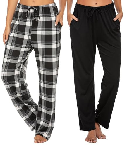 Ekouaer 2er Pyjamahose Damen Lang Schlafhose Karierte Schlafanzughose Weiche Freizeithose mit Taschen, Schwarz S