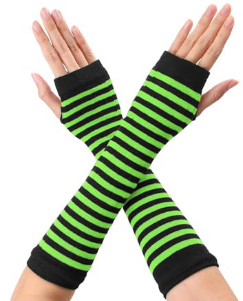Allegra K Women's Fingerless Gloves Printed Elbow Length Knitted Arm Warmers Bright Green Black One Size