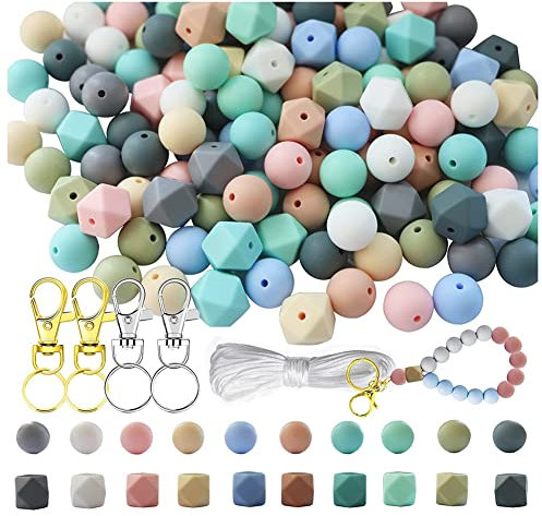Sudemota Perles de Silicone en Vrac Perles Rondes 150pcs Perles de Silicone pour la Fabrication de avec Lanière et Porte-Clés Anneau