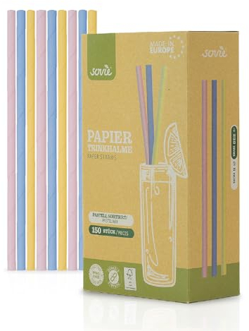 Sovie Lot de 150 pailles en papier pastel - Sans plastique - Certifiées FSC, fabriquées en Europe - Biodégradables - Diamètre 8 mm - Longueur : 23 cm
