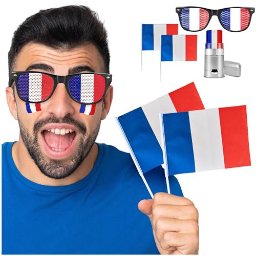 nedit Kit Supporter France | Bleu Blanc Rouge | Drapeau France | Couleur Tricolore | Kit Supporter France | Stick Foot France | Allez Les Bleus (1 Kit, Lunettes/Maquillage/Drapeaux)