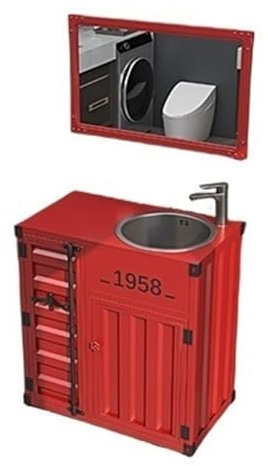 Lavabo da Bagno Mobile da bagno combinato in stile industriale vintage, lavabo in acciaio inossidabile con rubinetto e kit di scarico, mobiletto da bagno indipendente in un unico pezzo for uso domesti