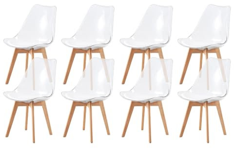 H.J WeDoo 8er Set Transparente Esszimmerstühle im Skandinavischen Stil, 8 Küchenstühle Massivholzbeine aus Buche mit Weißem PU Leder Sitzkissen